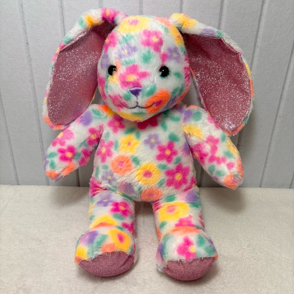 Build-A-Bear Bunny Rabbit Pawlette Glitter Colorful Flower Stuffed Animal 16"